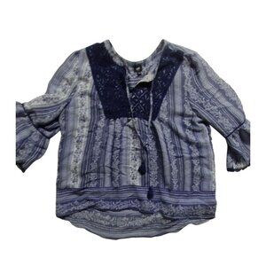 Lee Womens Boho‎ Blouse With Lace Accent & Tassels Size Large Blue/White